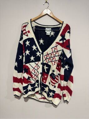 Stitches In Time Women's American Flag Patriotic Knit Cardigan Sweater Large